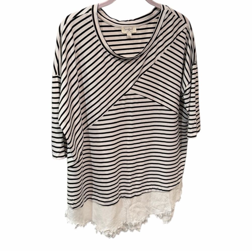 Umgee Striped Long Sleeve Top with Lace Hem